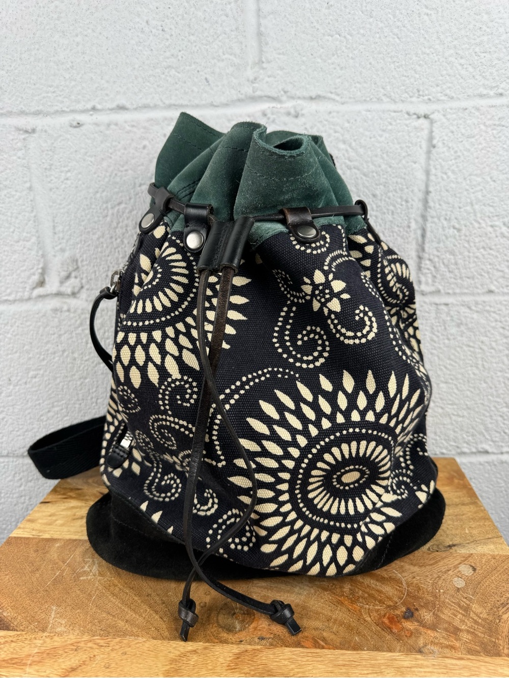 Lucky Brand Canvas & Leather Drawstring Backpack Black Cream Floral Print Boho